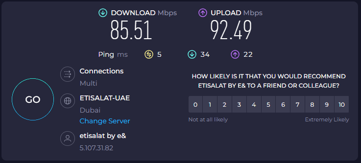 Etisalat Internet Speed Test Result